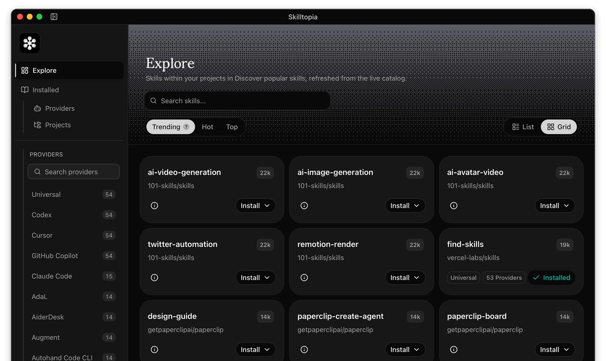 The Skilltopia Explore tab, showing the skill catalog with Install buttons and a provider sidebar